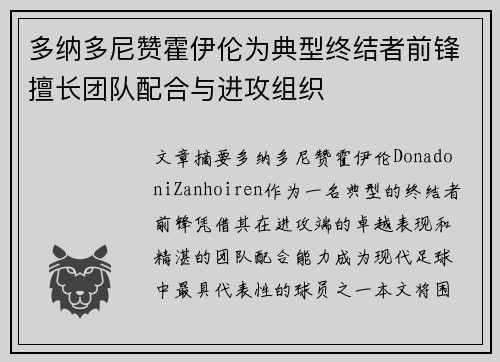 多纳多尼赞霍伊伦为典型终结者前锋擅长团队配合与进攻组织