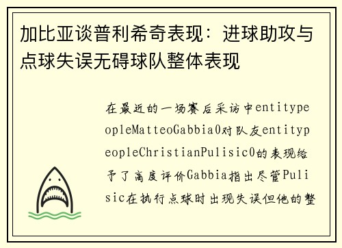 加比亚谈普利希奇表现：进球助攻与点球失误无碍球队整体表现